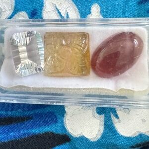 Emerald cut Clear Quartz, citrine with floral carving, Silky chocolate Moonstone